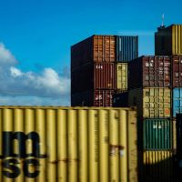 Intermodal containers in different colors